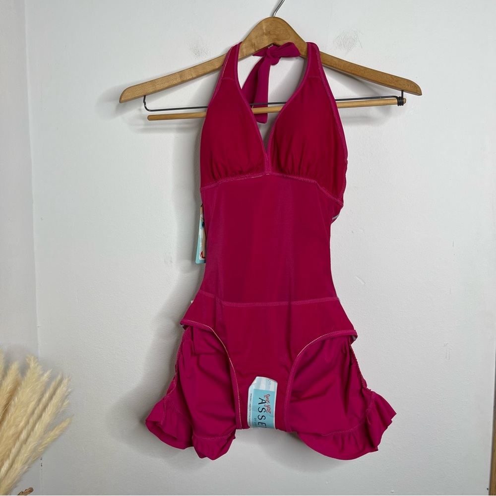 SPANX Love Your Assets Ruffle Halter Swim Dress in Sunset Pink Size S NWT Barbie - Picture 12 of 16